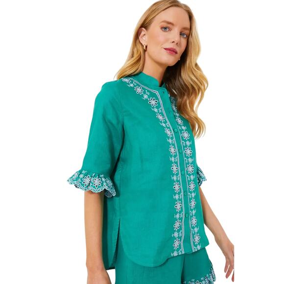 New Hyacinth House Women's XS Green Embroidered Ruffle Linen Montauk Lounge Top - Picture 2 of 10